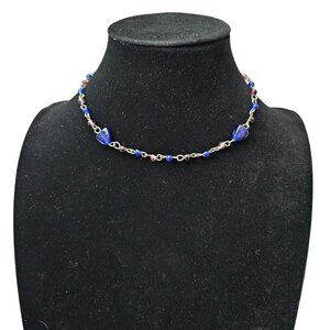 🏆Silver Tone Sapphire Blue Y2K Chocker Necklace